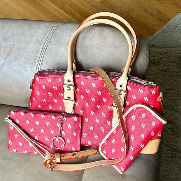 3 piece set!! Dooney & Burke Domed Satchel Beige and red monogramed set! - Picture 2 of 15